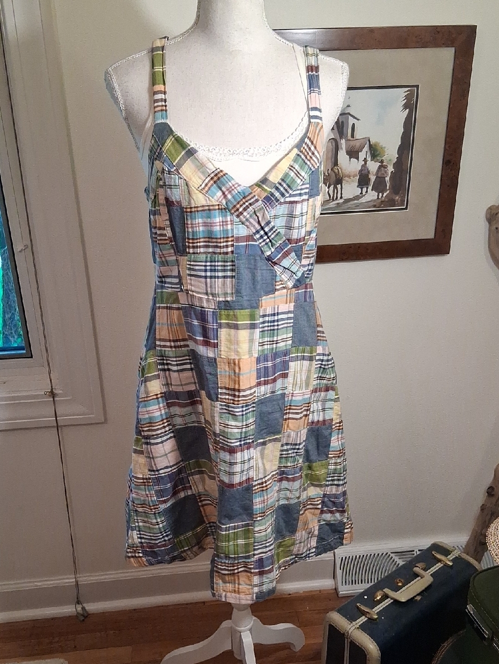 Tommy Hilfiger Lightweight Chambray Sleeveless Plaid Granny Square Dress